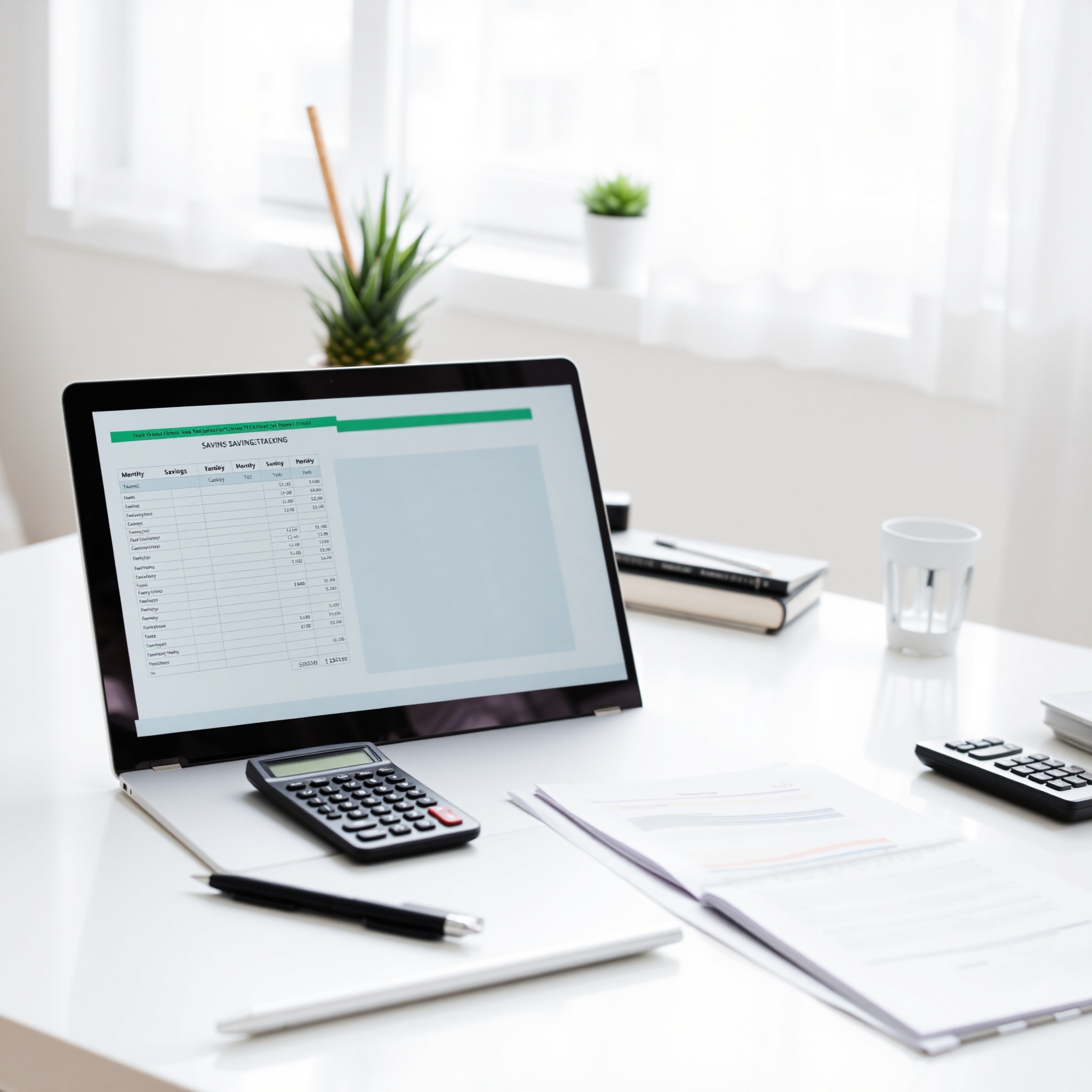 Financial planning workspace showing monthly budget spreadsheet, savings tracker, and realistic goal setting notebook