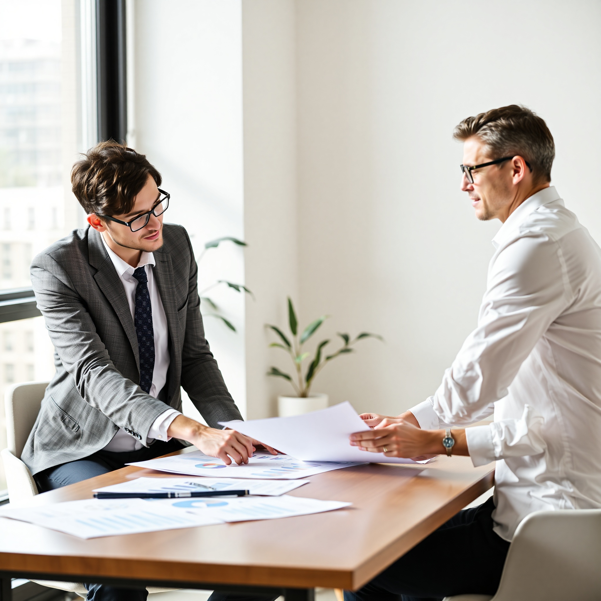 Financial advisor discussing investment portfolio with client in modern office setting
