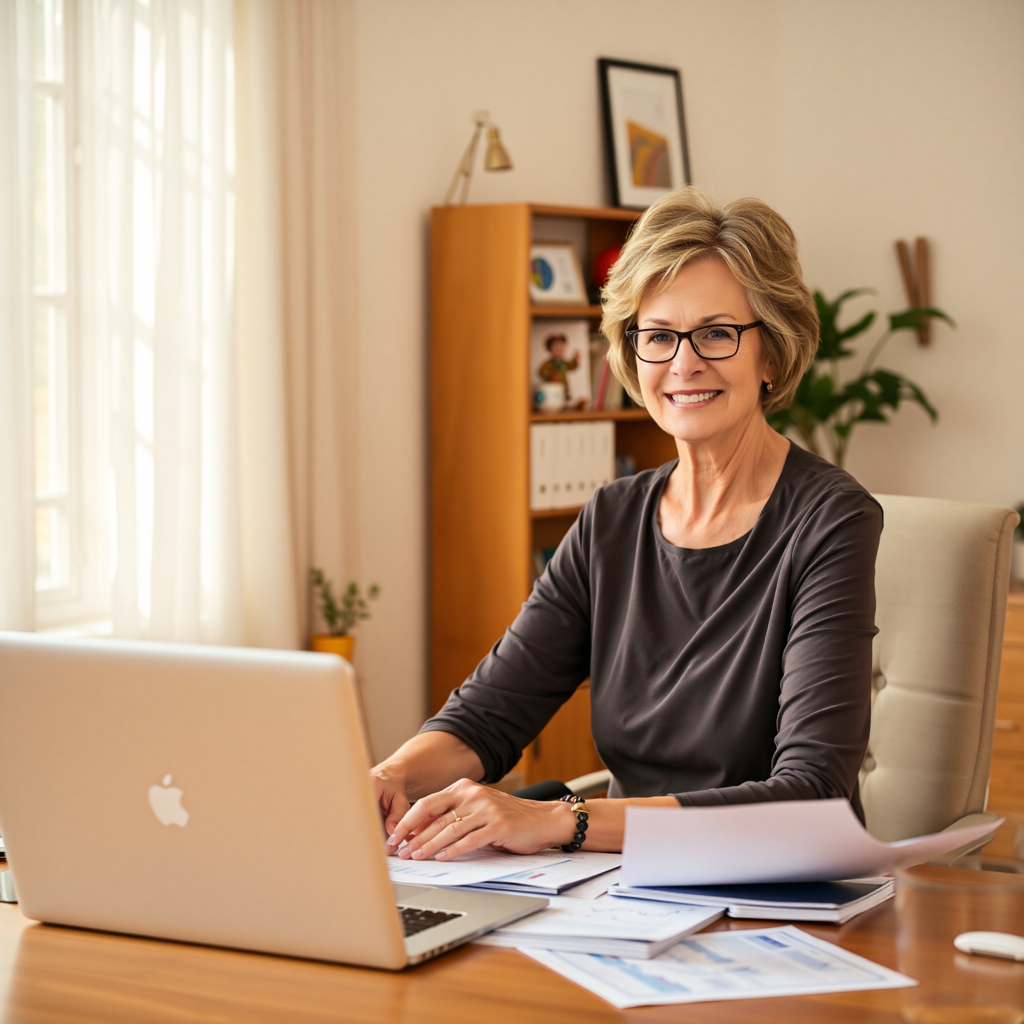 Mature professional woman in home office reviewing financial planning documents and retirement strategy with confidence