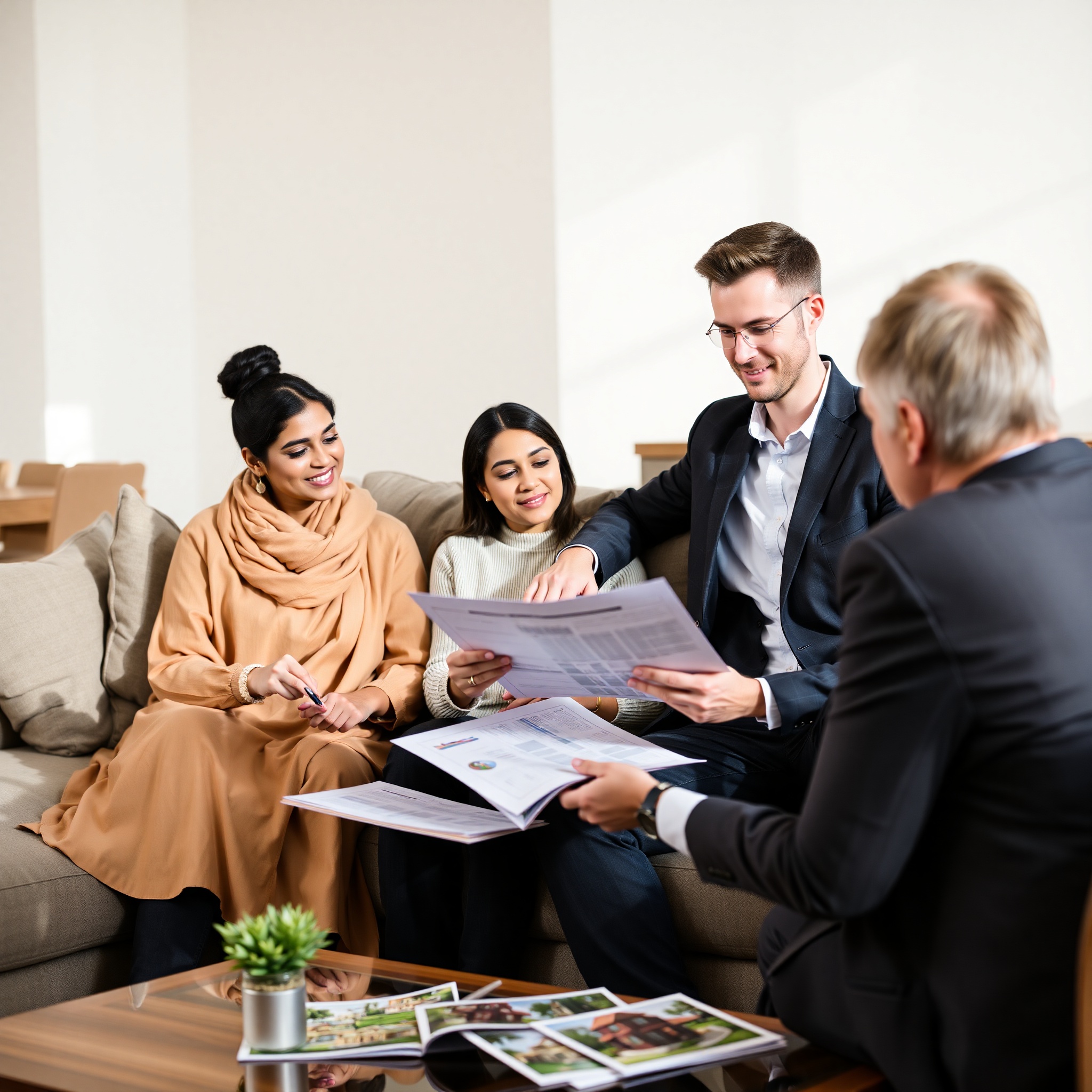 Diverse couple reviewing investment options and real estate documents in contemporary living room with financial advisor consultation materials