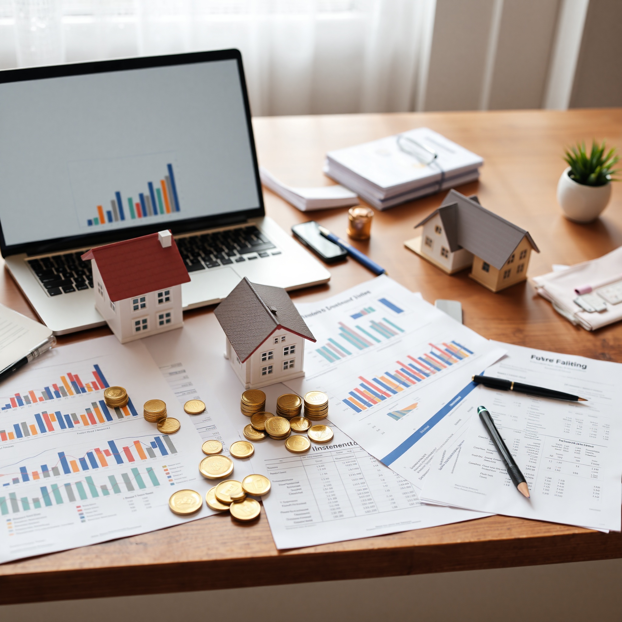 Diverse investment portfolio visualization showing stock charts, real estate model, gold coins, and bonds arranged professionally on desk with laptop