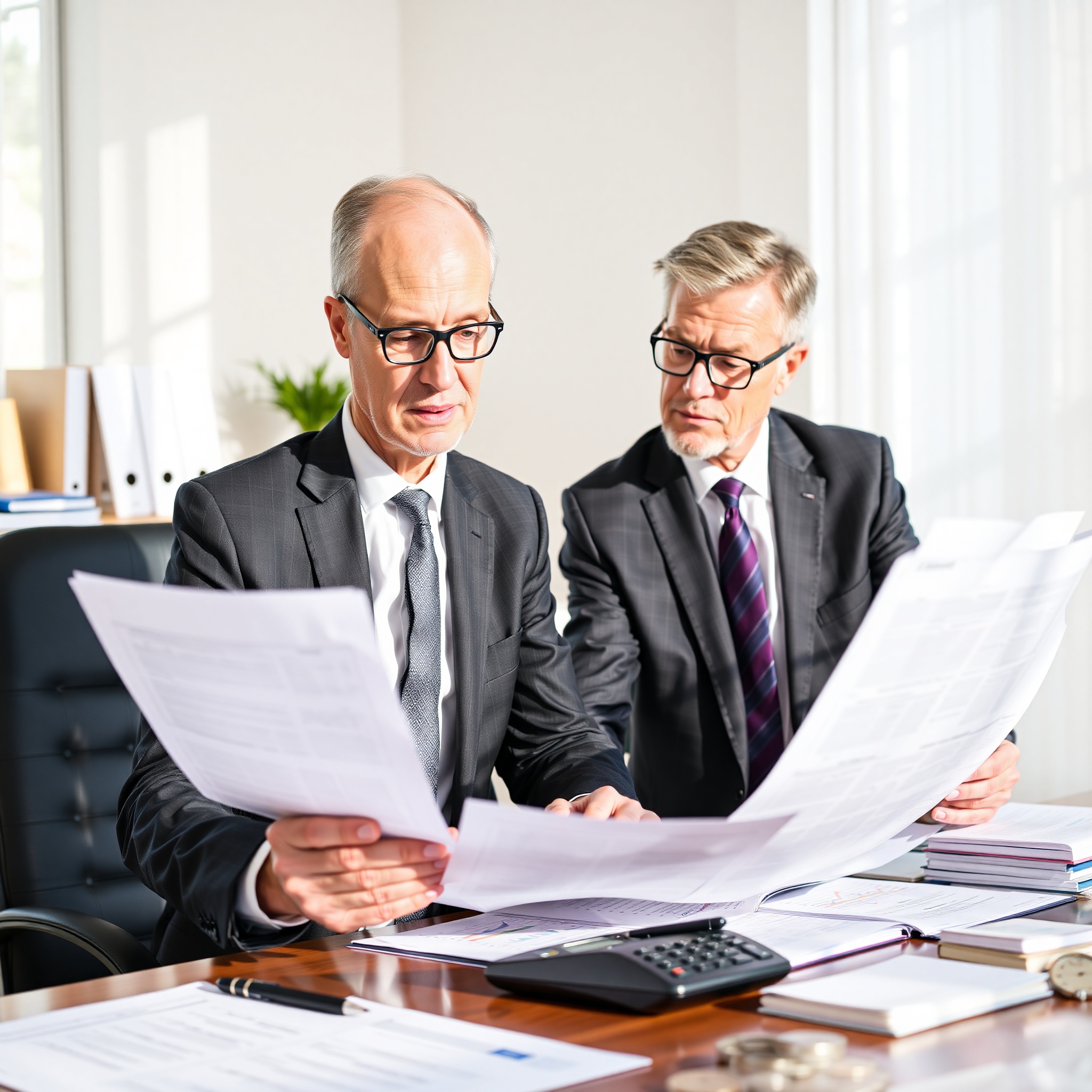 Senior financial planner reviewing retirement plan documents with calculator and pension statements on organized desk