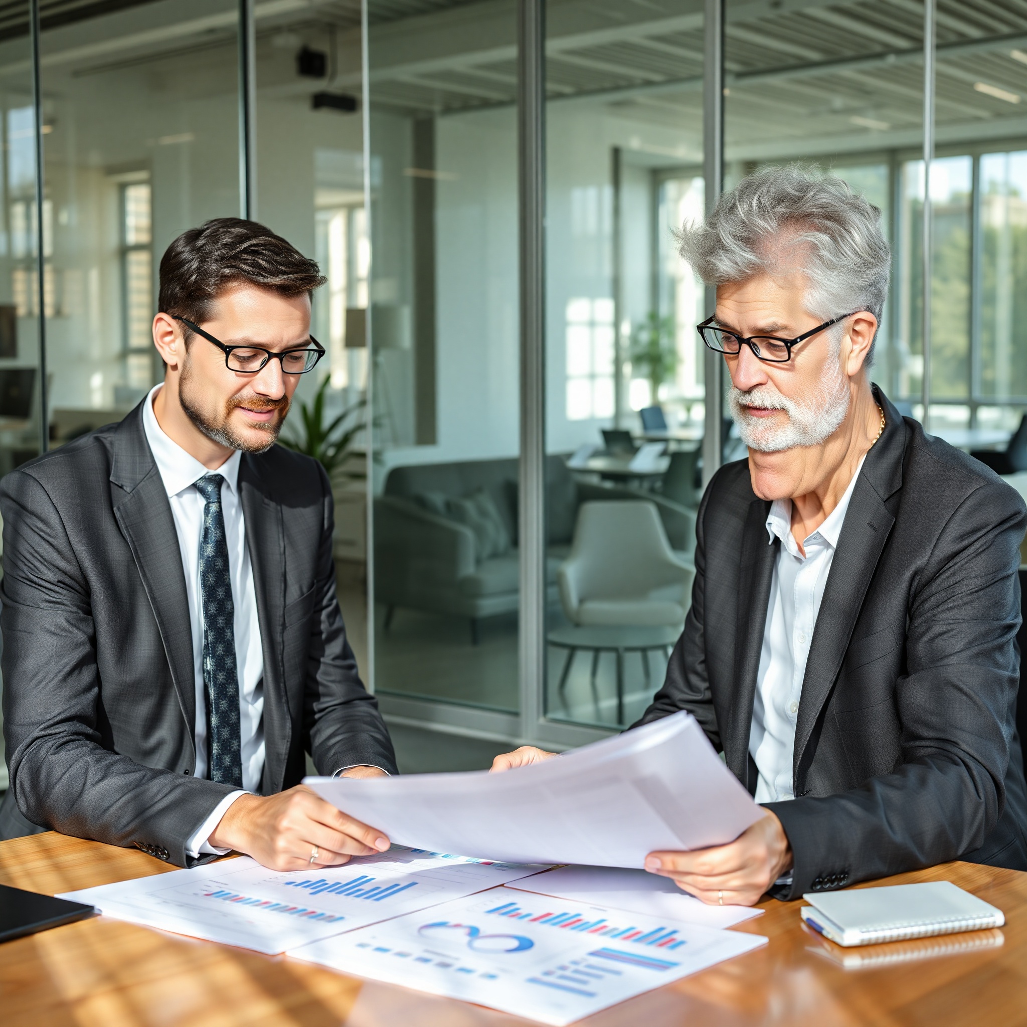Professional financial advisor reviewing investment portfolio with client at modern office desk