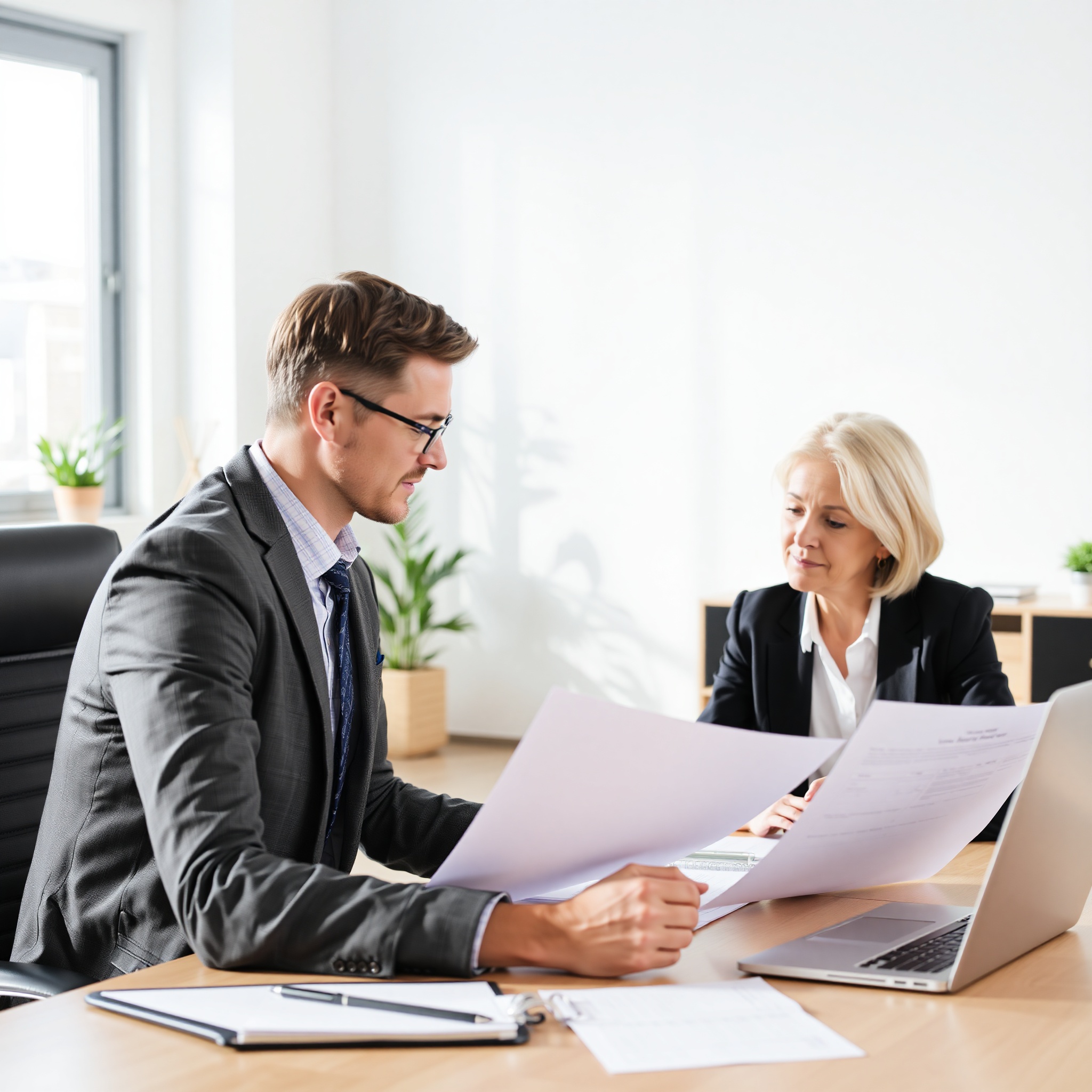 Professional financial advisor discussing RRSP retirement planning strategy with client at modern office desk