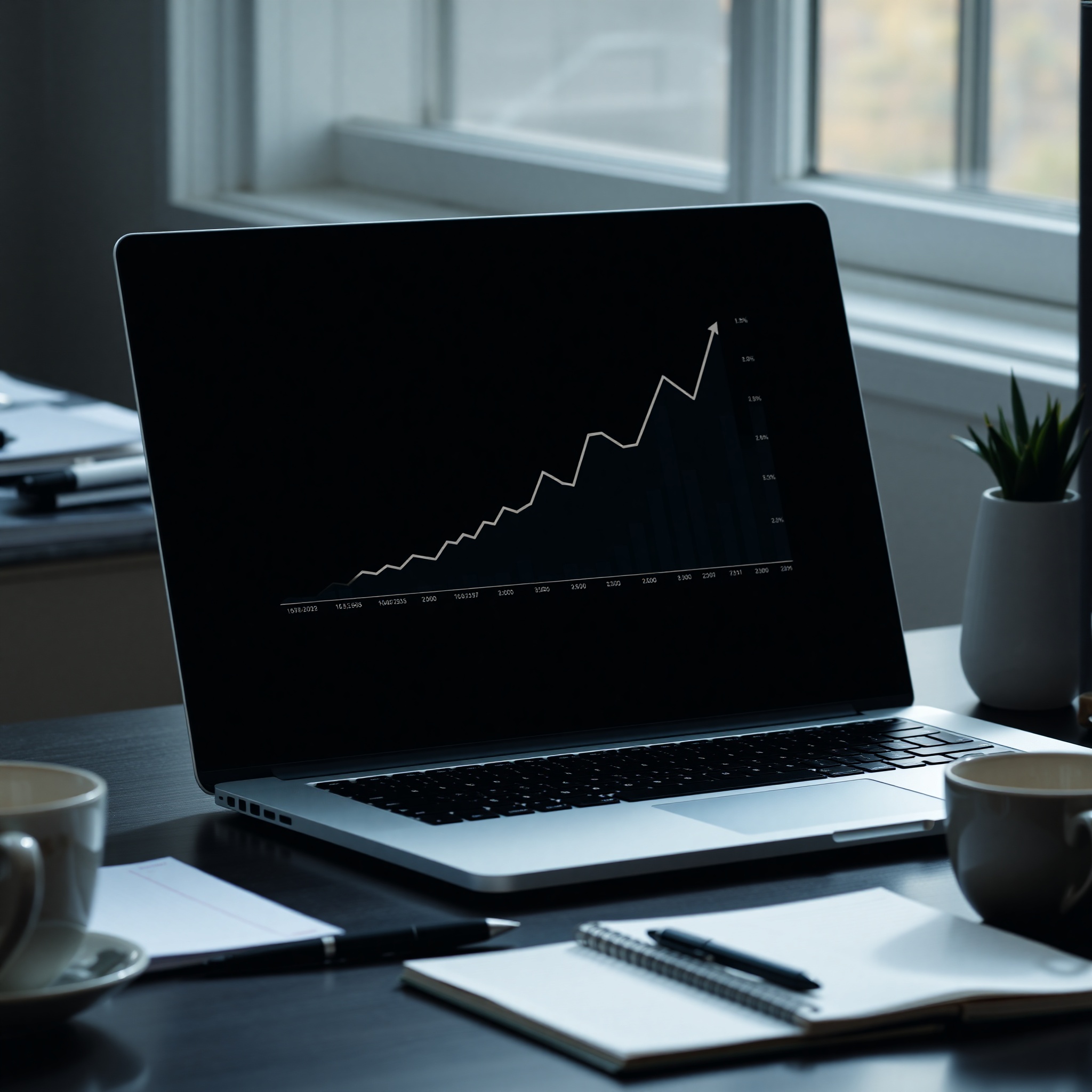 Professional photo showing financial growth tracking on digital display with upward trending line