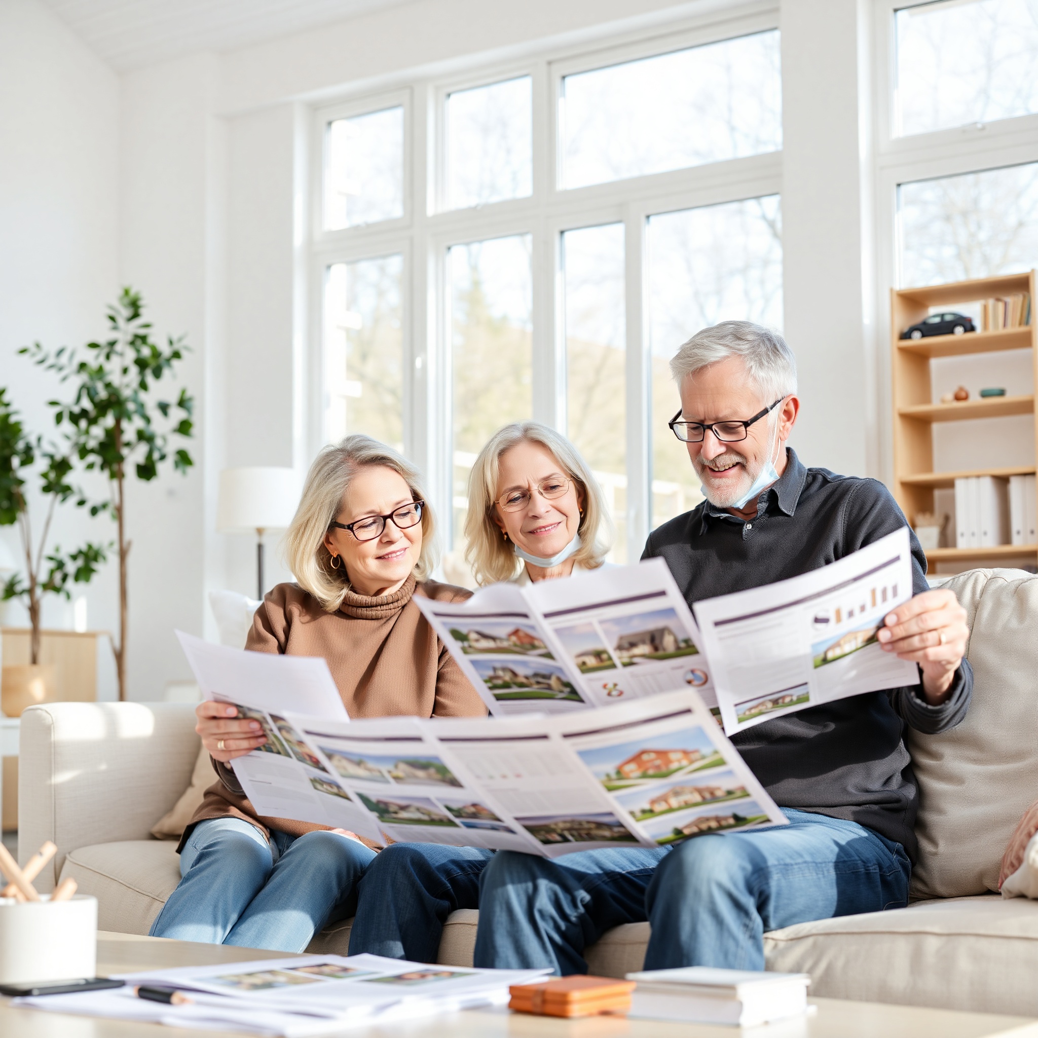 Diverse couple reviewing investment options and real estate documents in contemporary living room with financial advisor consultation materials