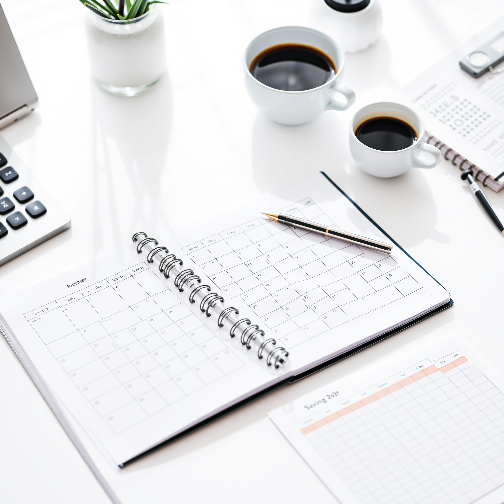 Professional photo of monthly budget planning with savings tracker and financial goals notebook