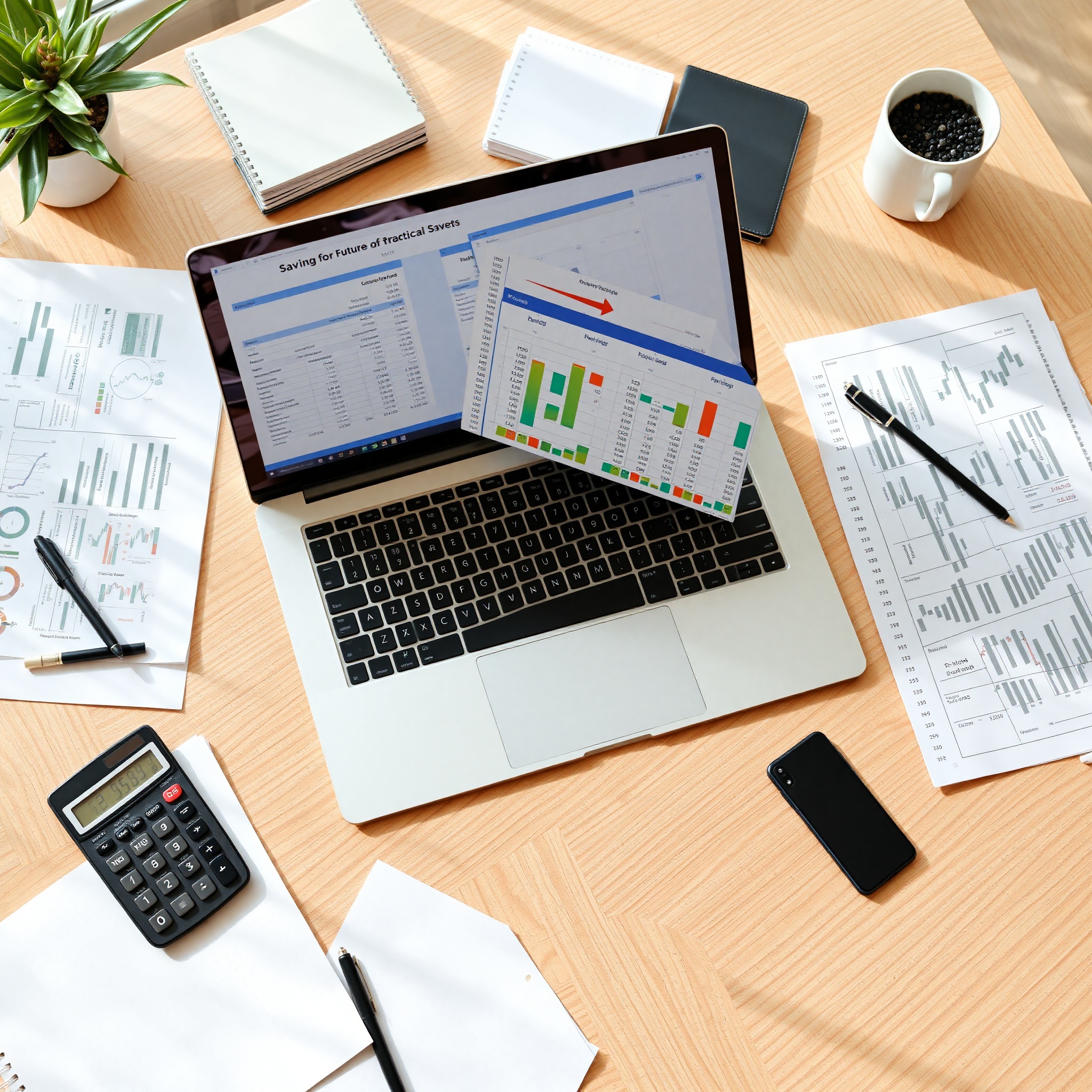Professional workspace with savings plan documents and financial charts on desk