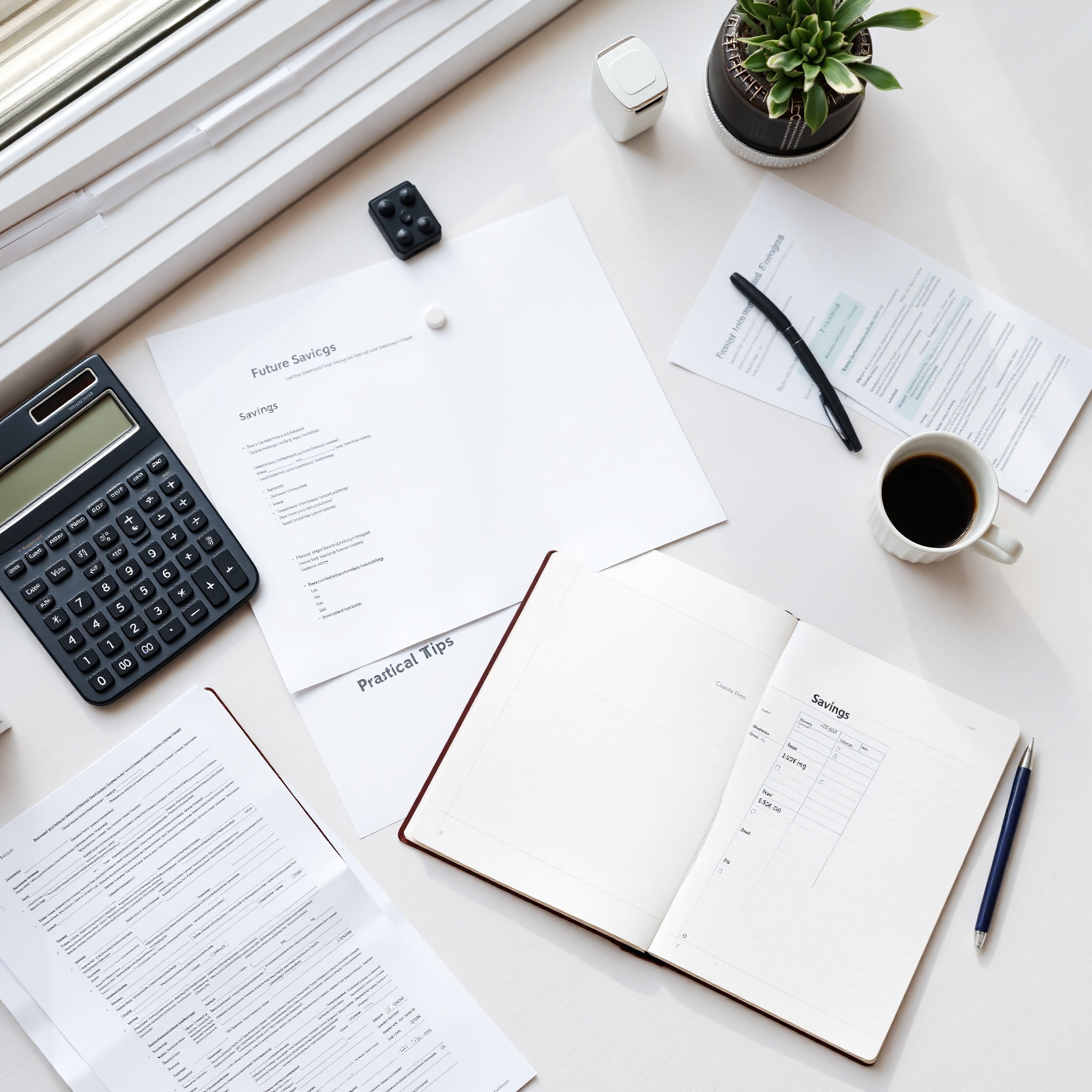 Professional workspace with financial planning documents and calculator