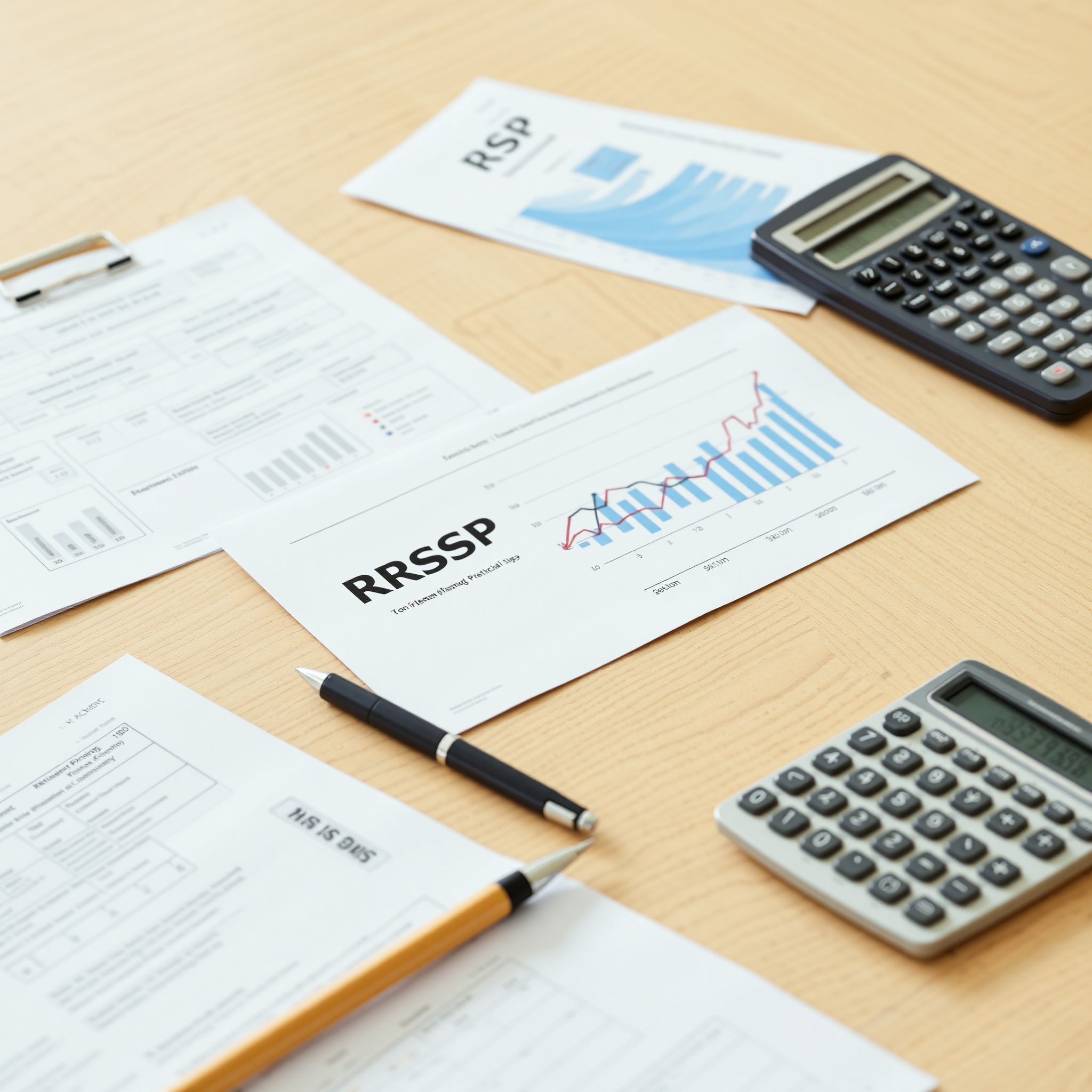 Professional retirement planning documents with RRSP forms and long-term growth charts displayed on office desk
