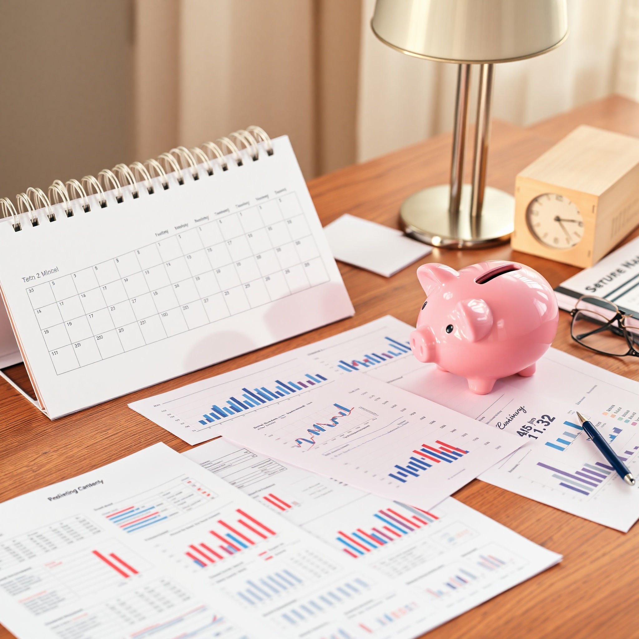 Retirement planning visualization showing timeline with piggy bank, calendar dates, and investment growth projections on desk