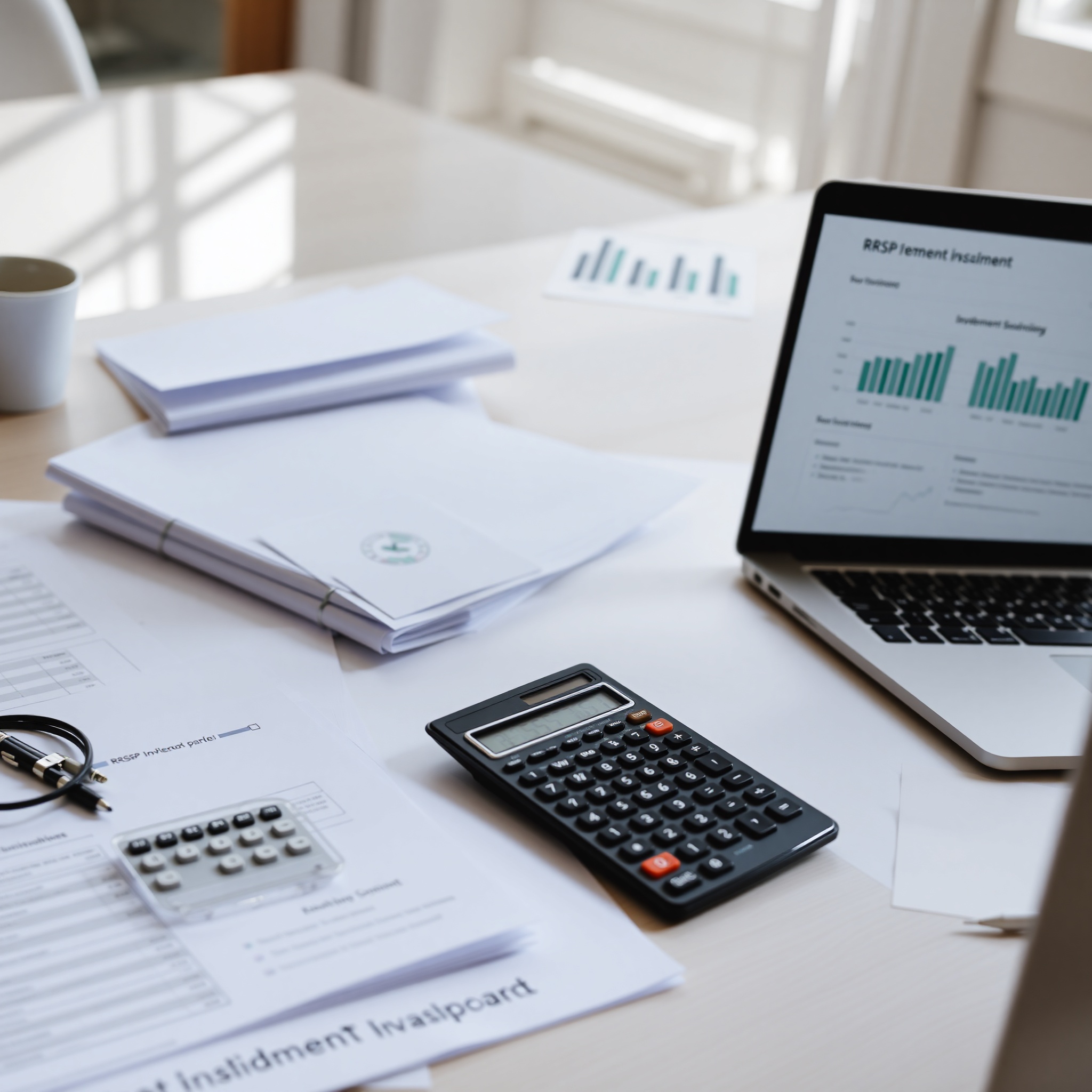 RRSP strategy planning with financial documents and investment portfolio chart
