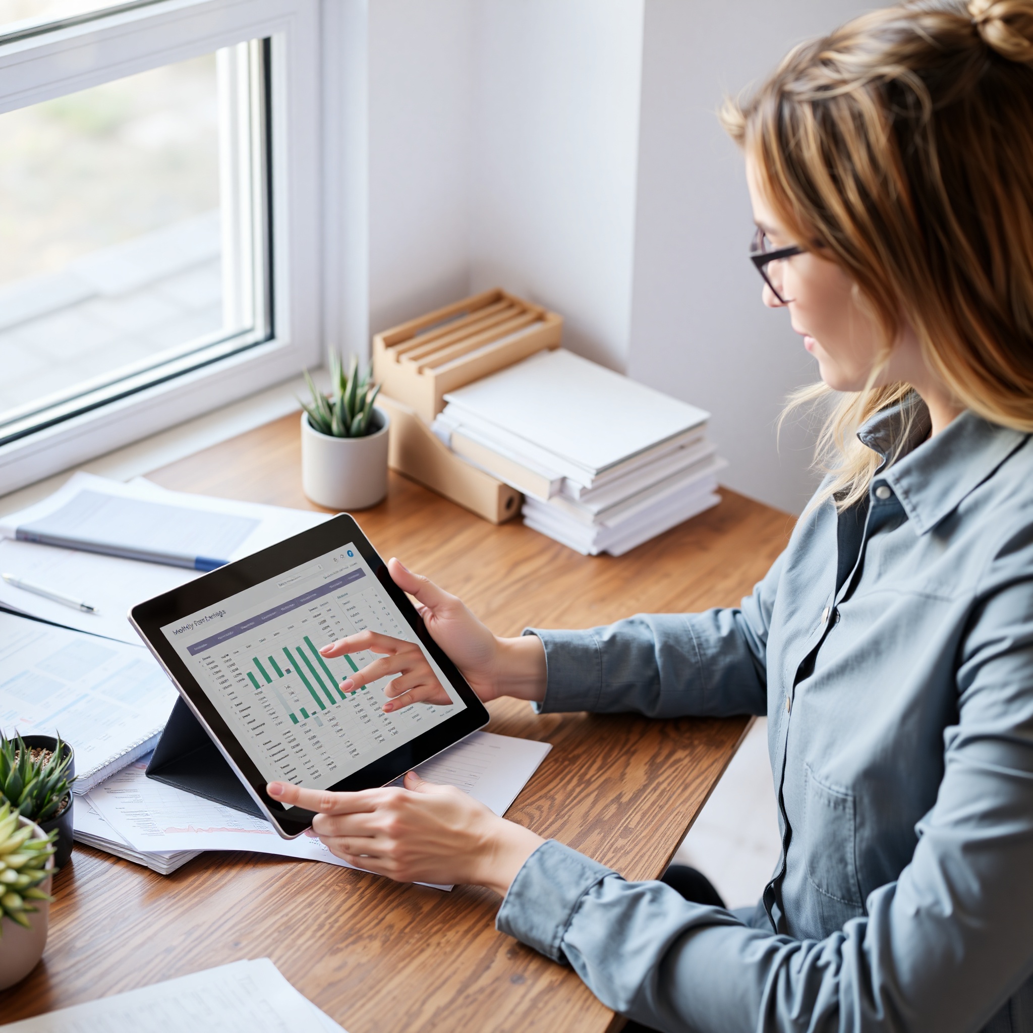 Young professional reviewing monthly savings goals and budget spreadsheet on tablet with financial planning documents
