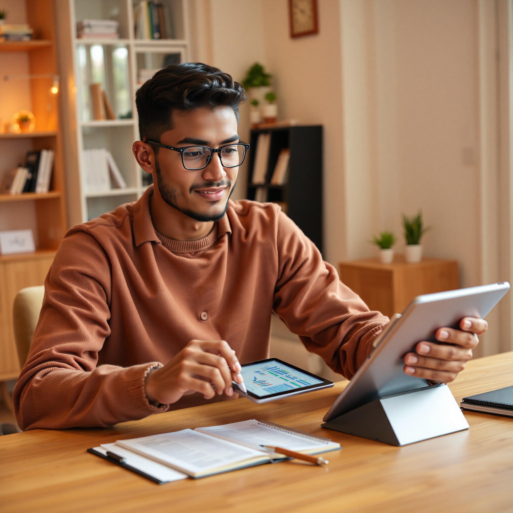 Young professional tracking monthly expenses using budgeting app on tablet with notebook and calculator