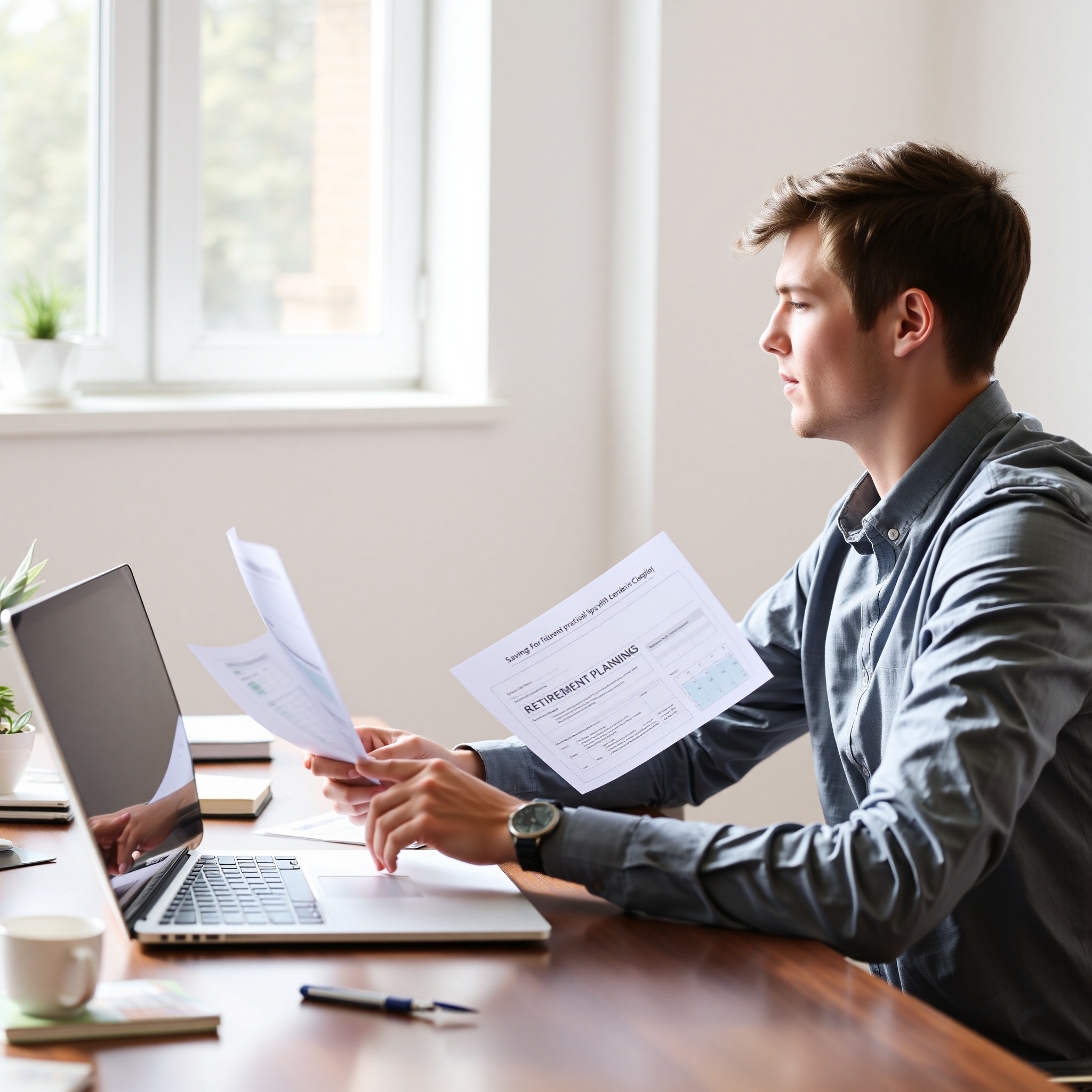 Young professional planning for future retirement with financial documents and pension calculations